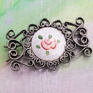 Vintage Guilloche Barrette Pink Victorian Rose Girly Hair Clip